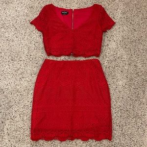 Bebe Red Lace 2-piece Skirt and Crop Top Set